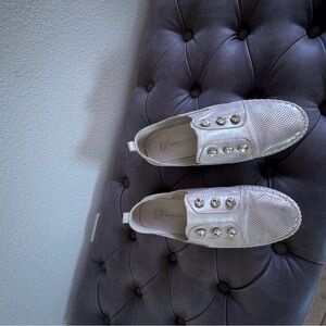 Soft silver leather slipon sneaker. Size 6.5.